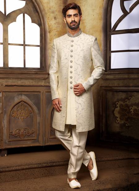 Cream Colour Party Wear Jacquard Nawabi Indo Western Collection 1137